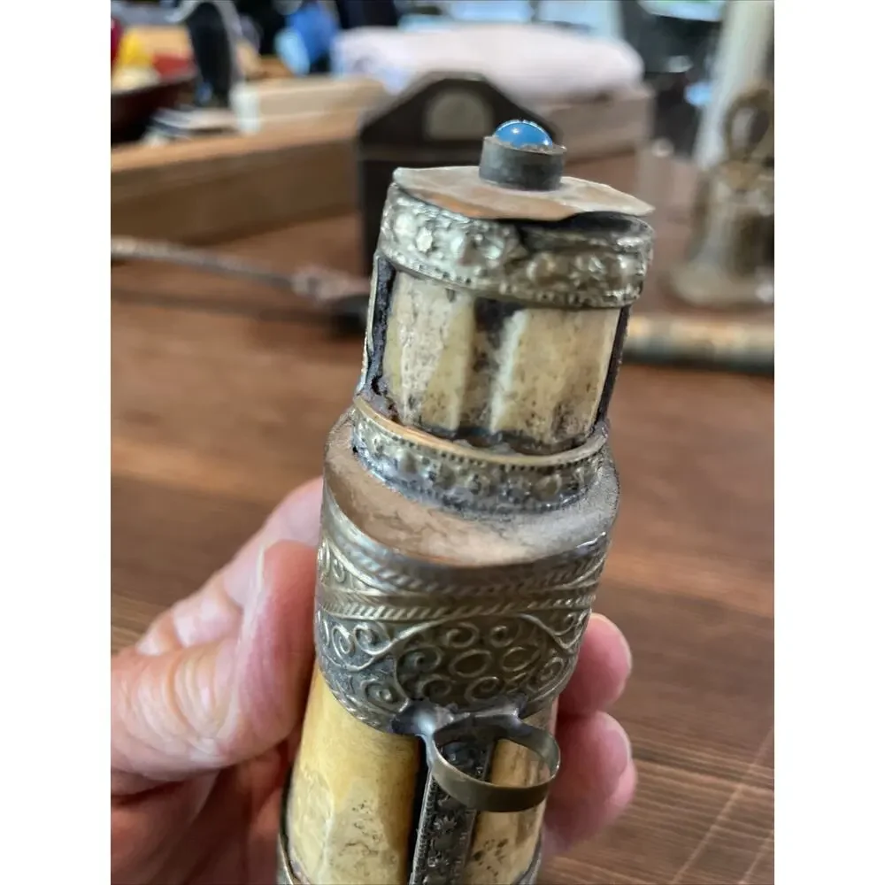 Vntg Carved Snuff Bottle Bovine Bone Silver Brass Turquoise Coral 5”Tibetan